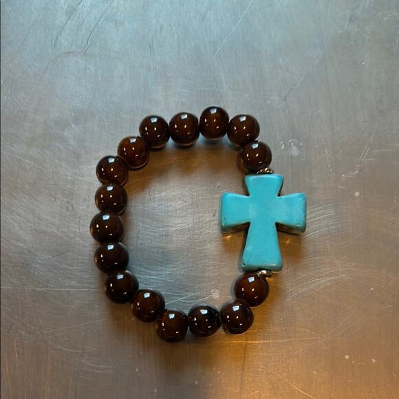 Jewelry - Brown Beaded Bracelet with Turquoise Cross